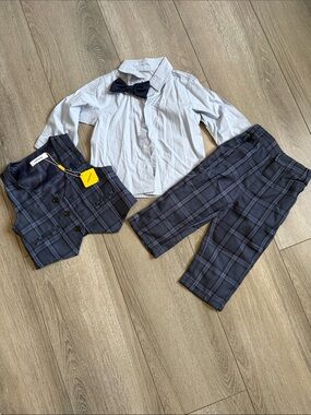 Boys Navy Plaid 3-Piece Matching Set with Light Blue Shirt and Bow Tie